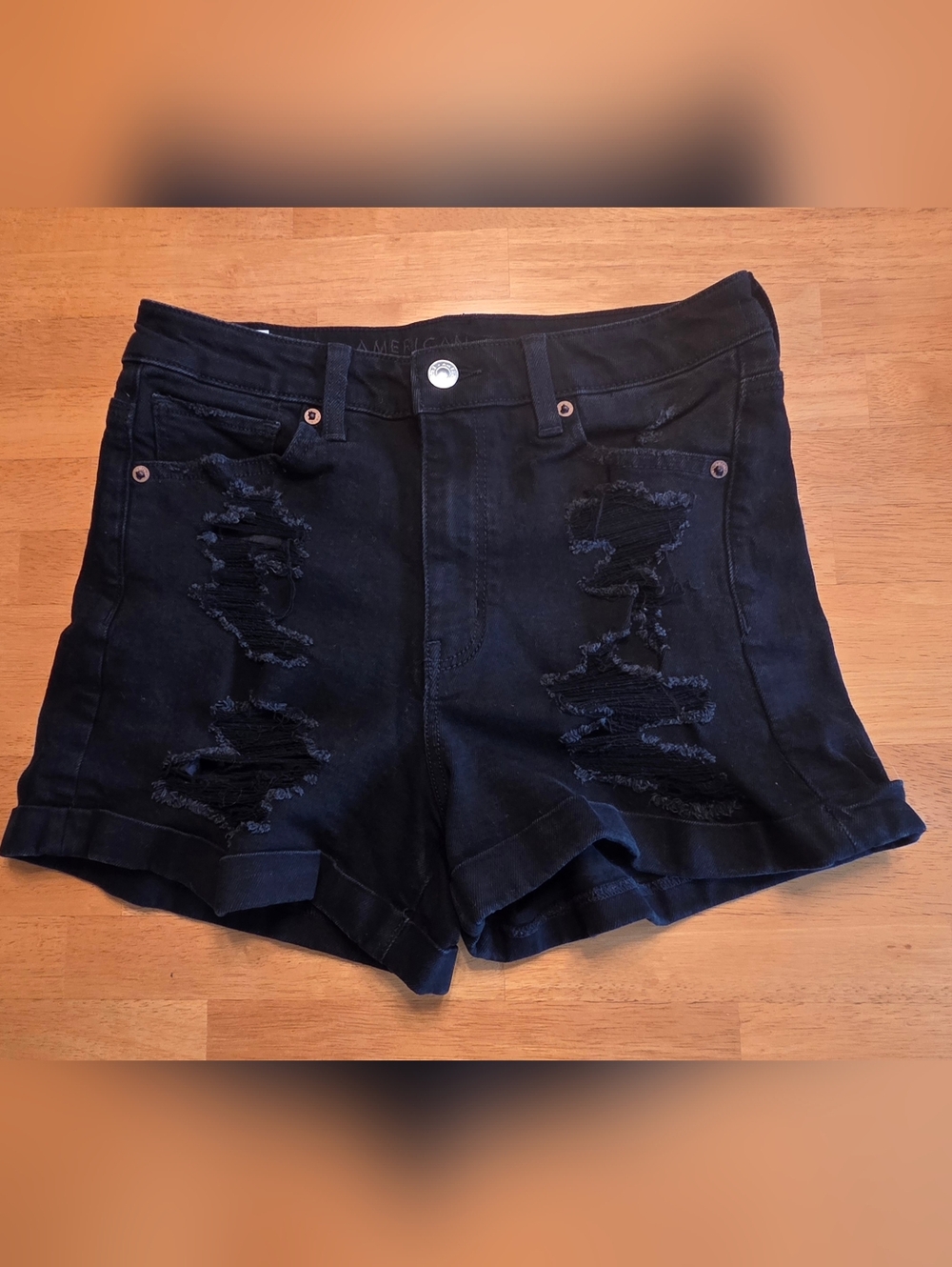 American Eagle Outfitters Black Distressed Rolled-Hem Jean Shorts